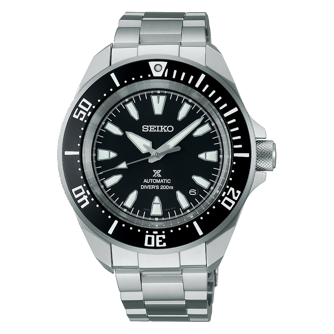 A silver Seiko automatic diver's watch with a black dial, luminous markers, and a rotating bezel showing minutes, on a metal bracelet.
