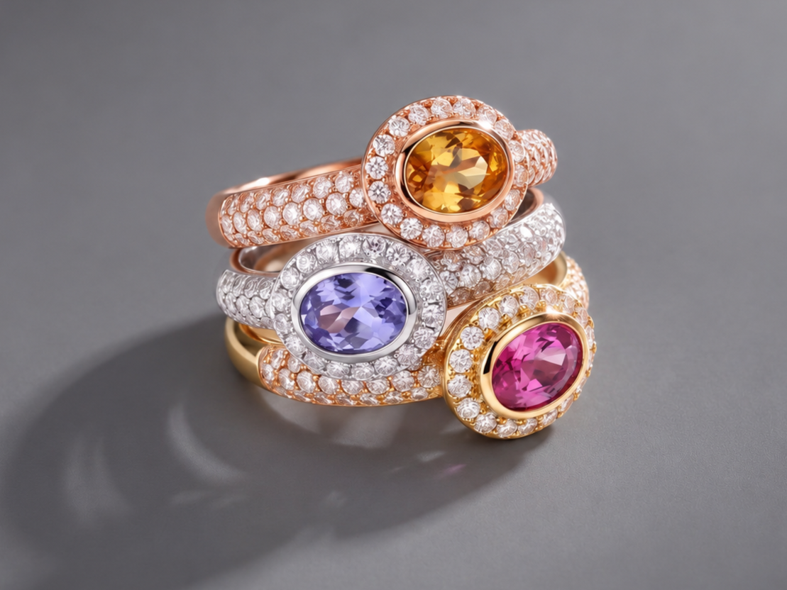 Stack of four colorful gemstone rings with diamond accents on a gray background.