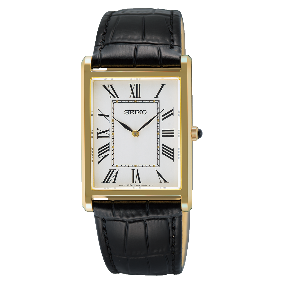 A Seiko wristwatch with a rectangular gold-tone case, white dial, Roman numerals, black leather strap, and traditional watch hands.