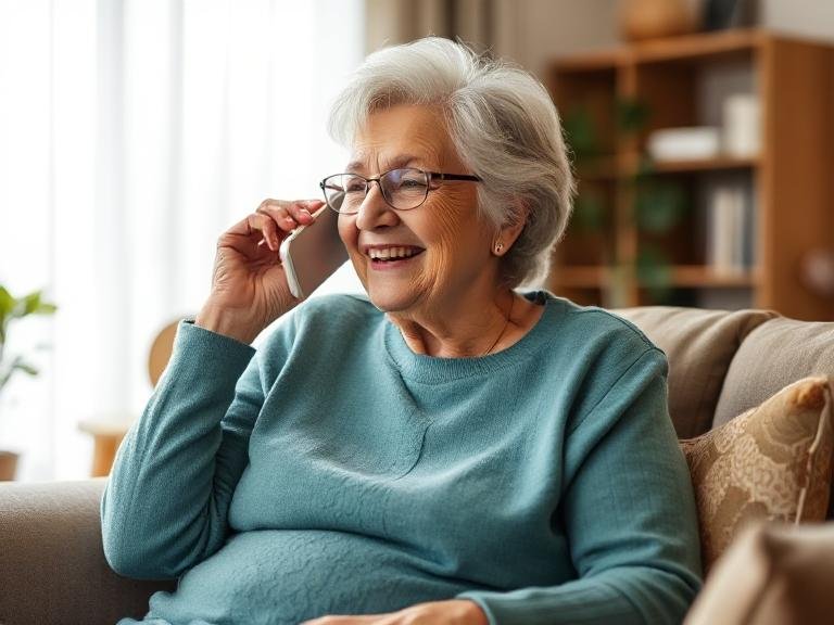 An elderly woman with gray hair, glasses, and a blue sweater smiling while talking on a cellphone in a cozy living room.