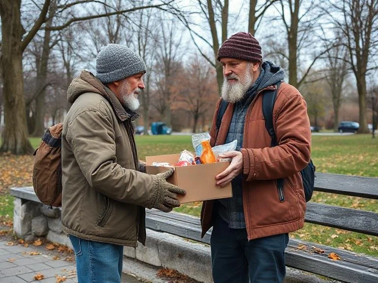 Two elderly men exchanging a cardboard box of food in a park during fall, both dressed warmly with hats and backpacks.