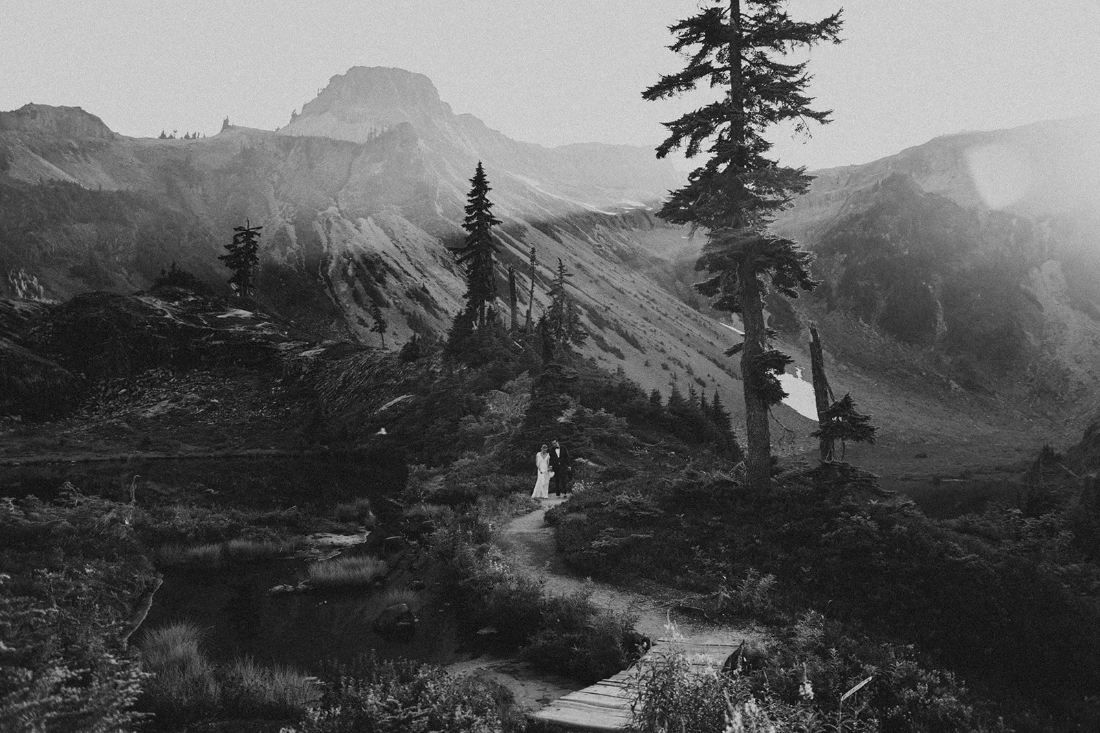 Bride and groom walk through Heather Meadows