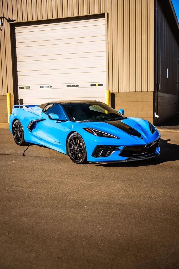 Blue Chevrolet C8 Corvette with ceramic window tint by Ascension Automotive