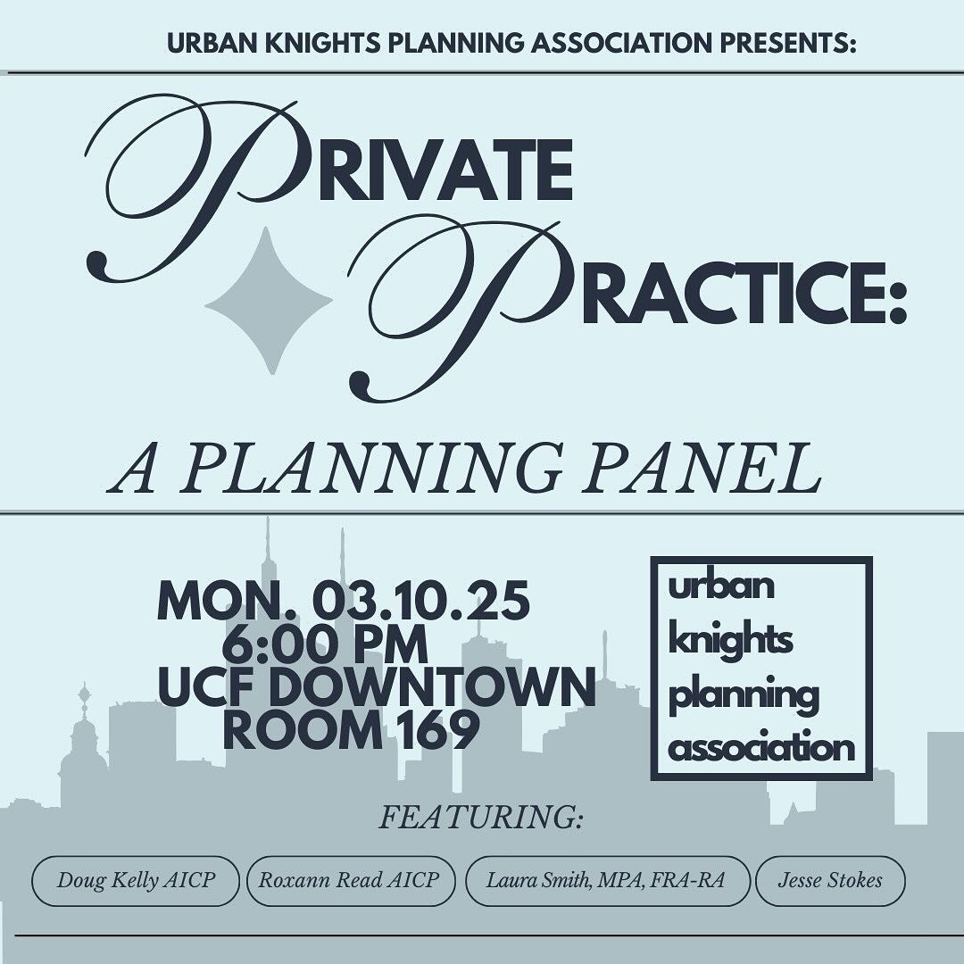 Urban Knights will be hosting a Private Practice Planning Panel, or a PPPP, next Monday evening at the downtown campus!

This meeting will shine a much needed light on the private sector of planning. We will discuss the role of the private sector and