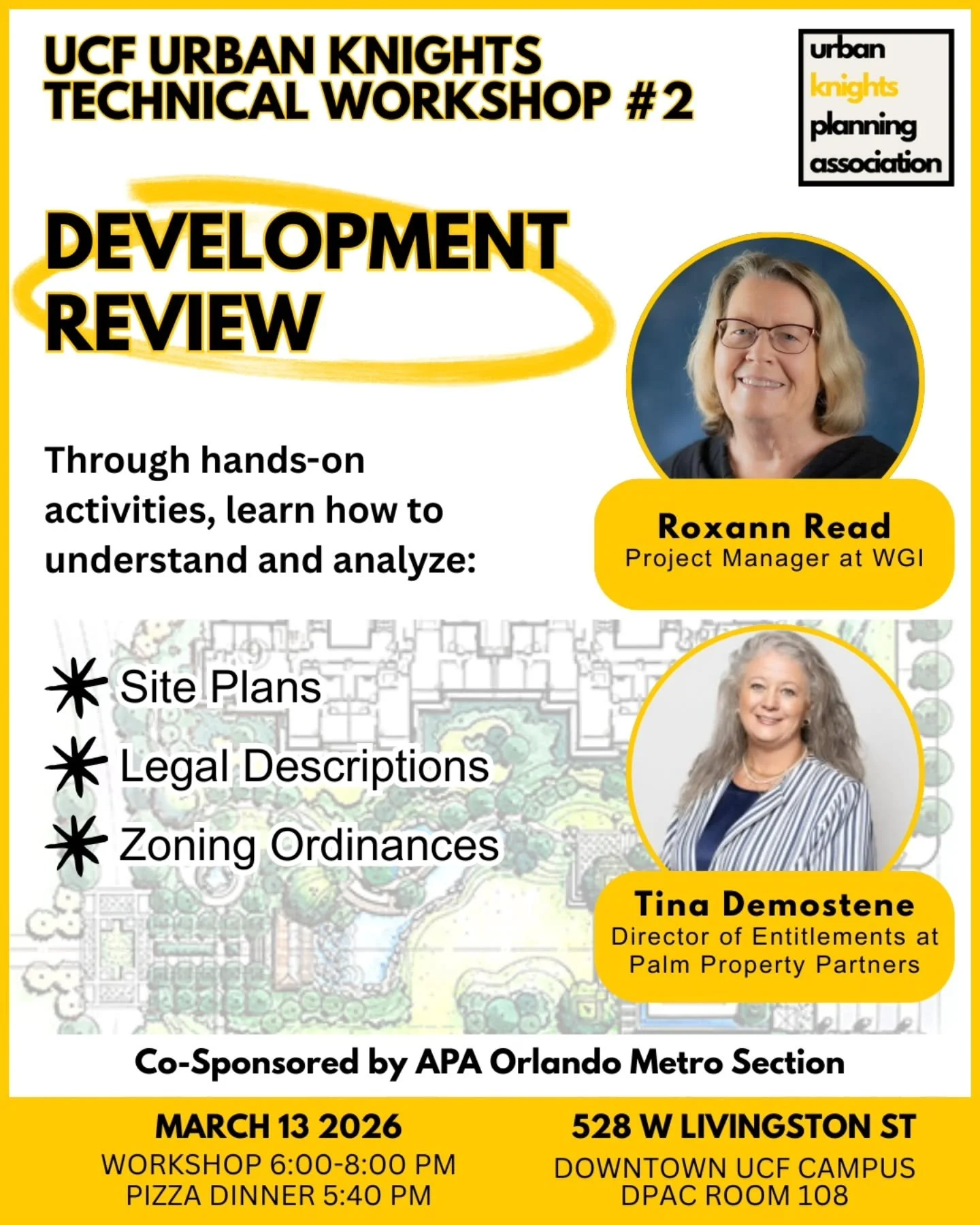 ⚠️ Attention all UCF Knights! ⚔️

Would you be ready to level up your planning and development review skills? Join us for a hands-on Development Review Workshop where you&rsquo;ll learn how to break down and analyze site plans, legal descriptions, an