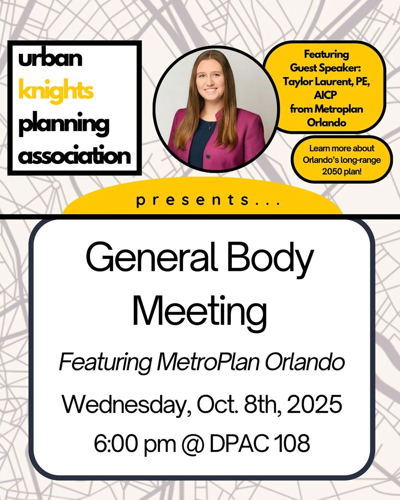 🚦 Ready to plan the future of Central Florida? 🚧 Join us for our next General Body Meeting featuring MetroPlan Orlando as they dive into the 2050 Metropolitan Transportation Plan, the vision shaping the future of transportation across Orange, Osceo