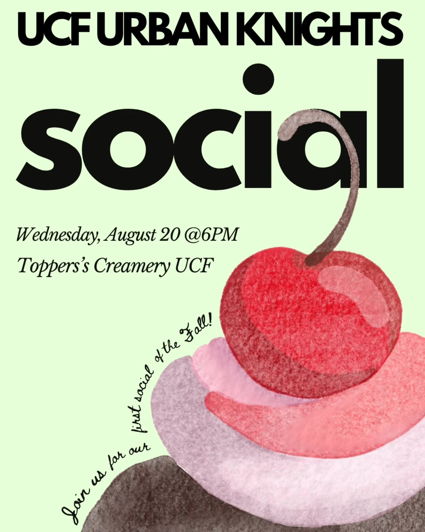Calling all UCF Knights! ⚔️🍦 

Join us at our first social of the Fall Semester at Topper's Creamery UCF, where you can beat the heat, swing by for some sweet treats, awesome vibes, and learn more about urban planning with fellow students and the Ur