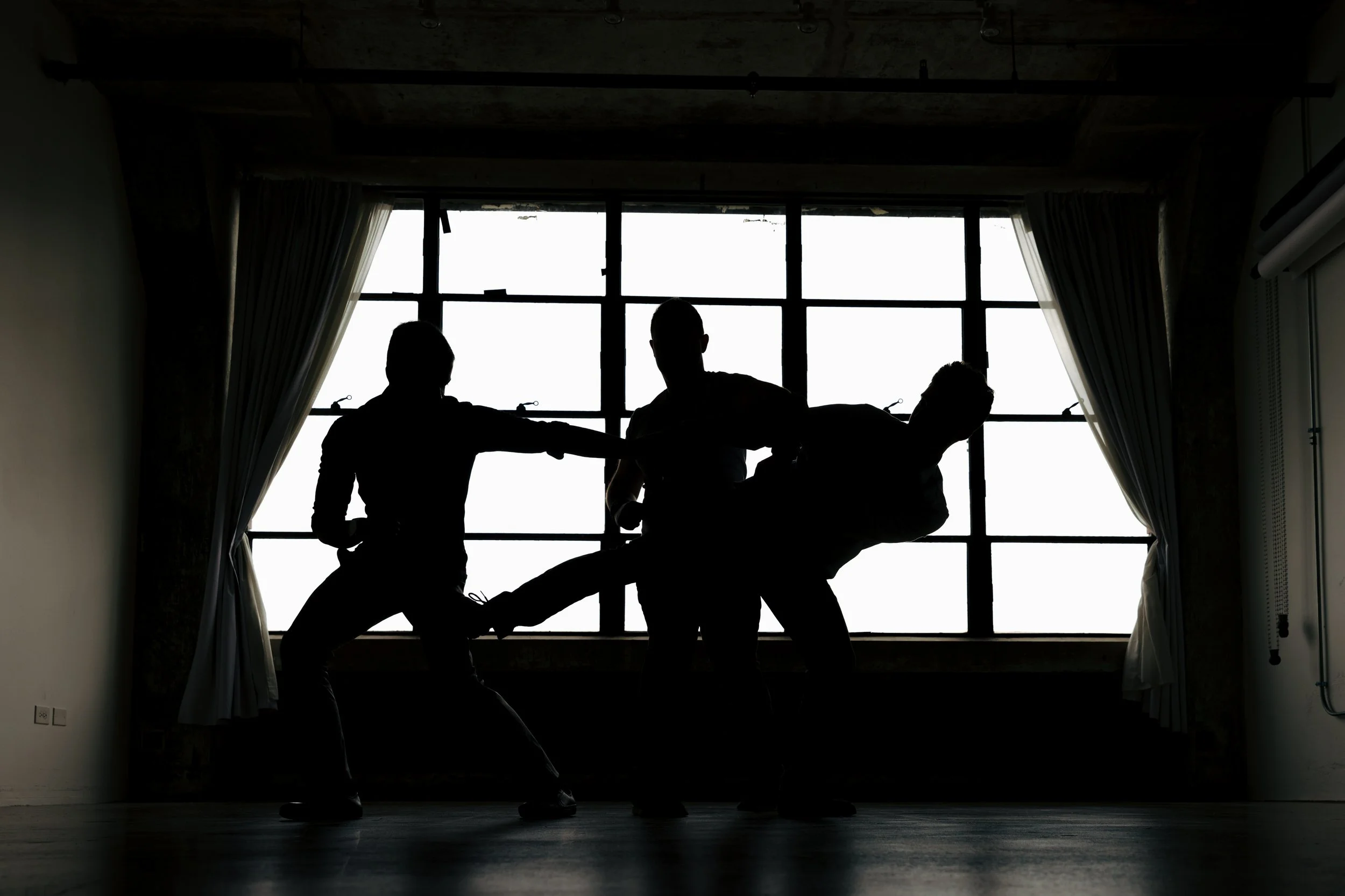 black and white siloutte of men doing jeet kune do