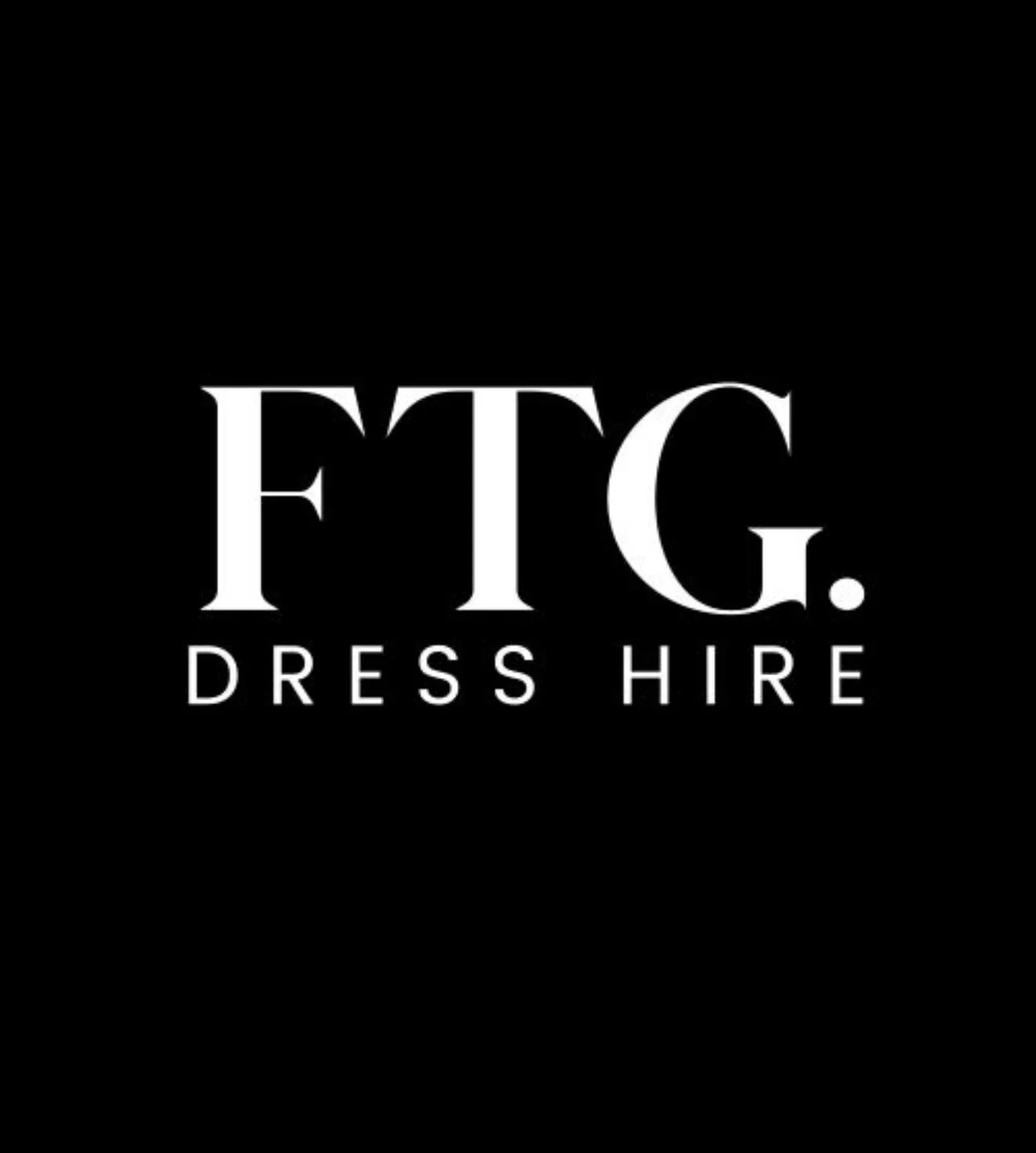 black background and white FTG dress hire text logo