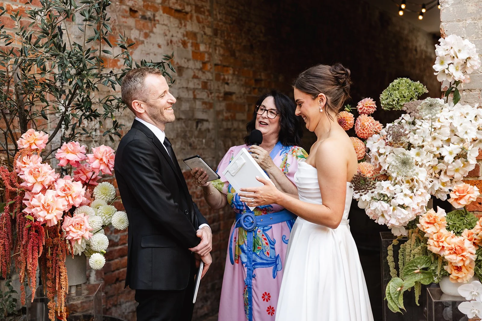 Laughing bride and groom