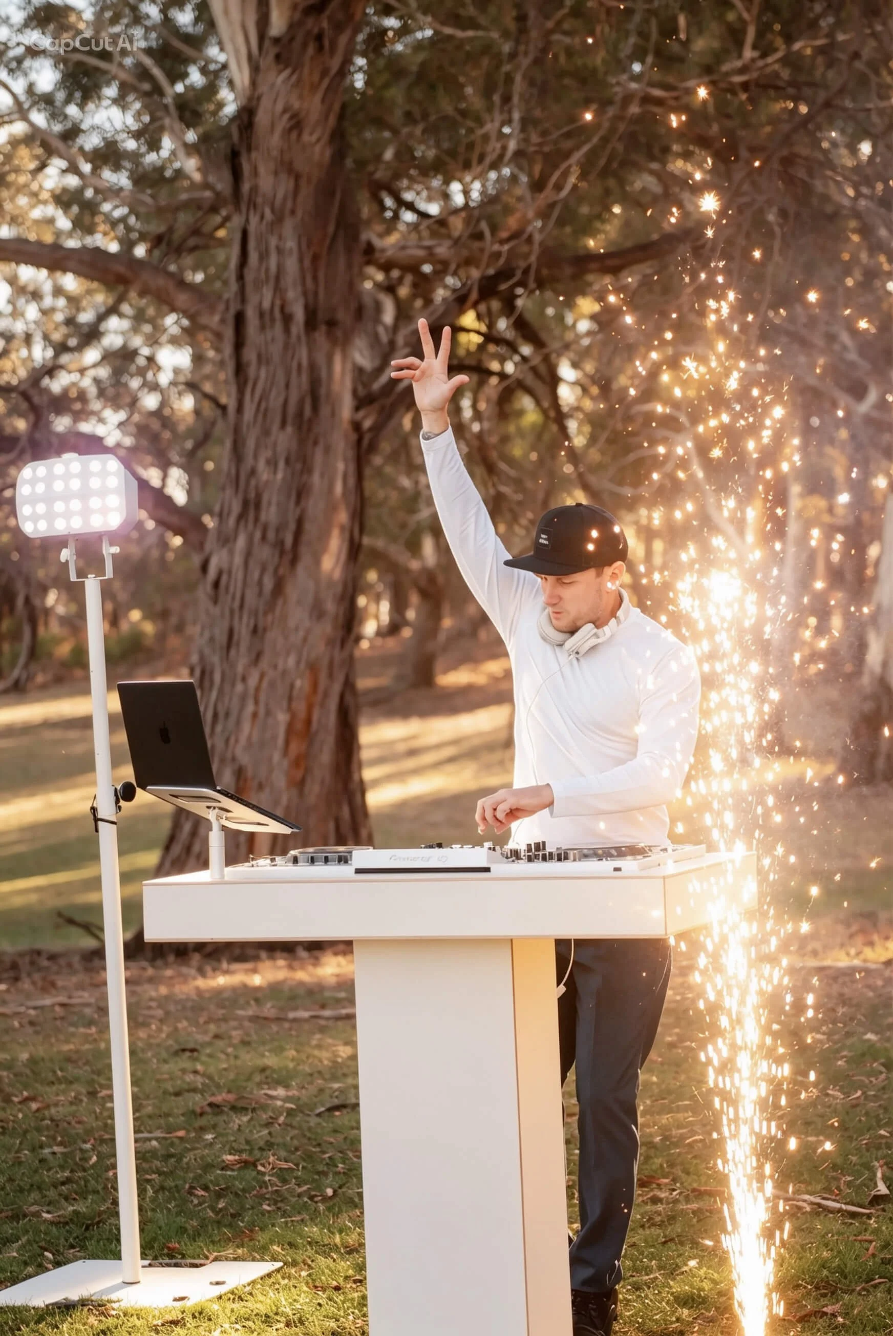 dj wearing white shirt and hat behind white DJ stand with sparklers going up beside him and his arm in the air