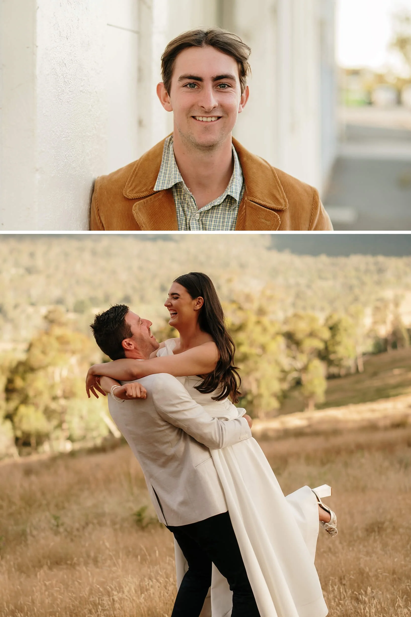 Portfolio collage by Nick Hanson, Tasmanian wedding photographer — solo portrait and a groom carrying his bride through a sunlit paddock