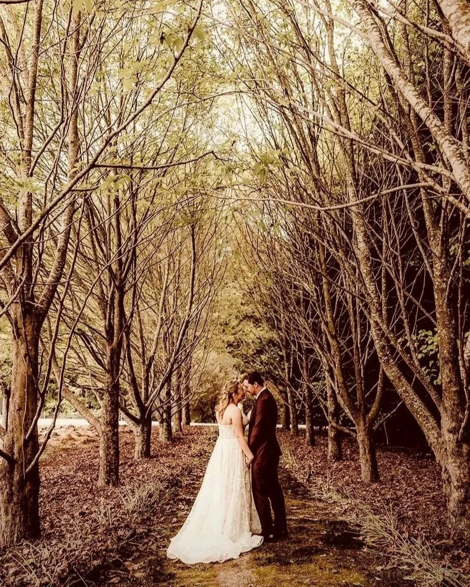 a wedding couple in the middle of nature under the trees