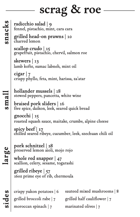 Sample Menu — Scrag & Roe