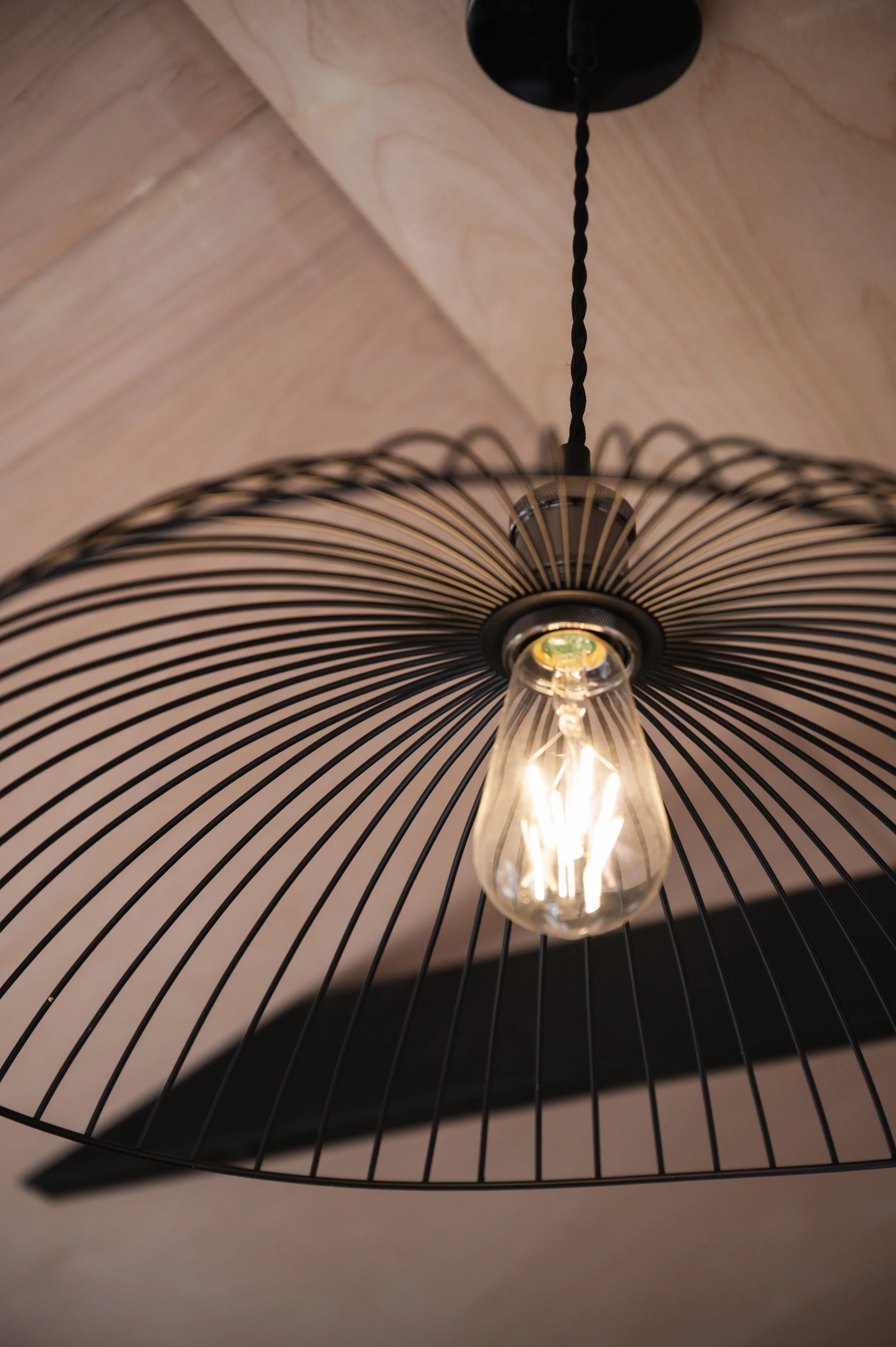 Stylish pendant light with black wire cage and exposed filament bulb adds a modern industrial touch to the cosy tiny house design.