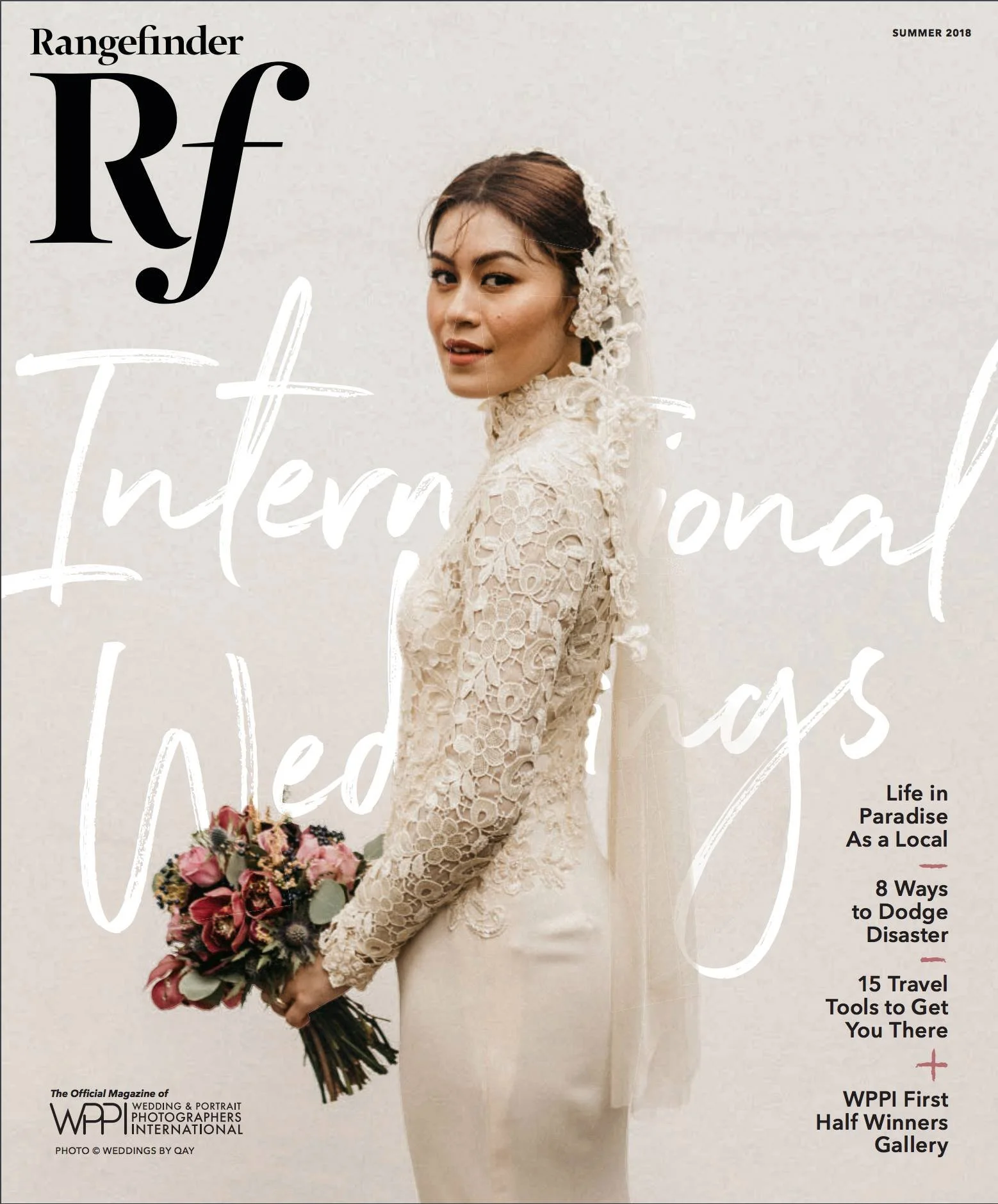 Magazine cover featuring a woman in a lace wedding dress holding a bouquet of pink and purple flowers, with the headline "Rangefinder RF" and the words "International Wedding" overlaying the image.