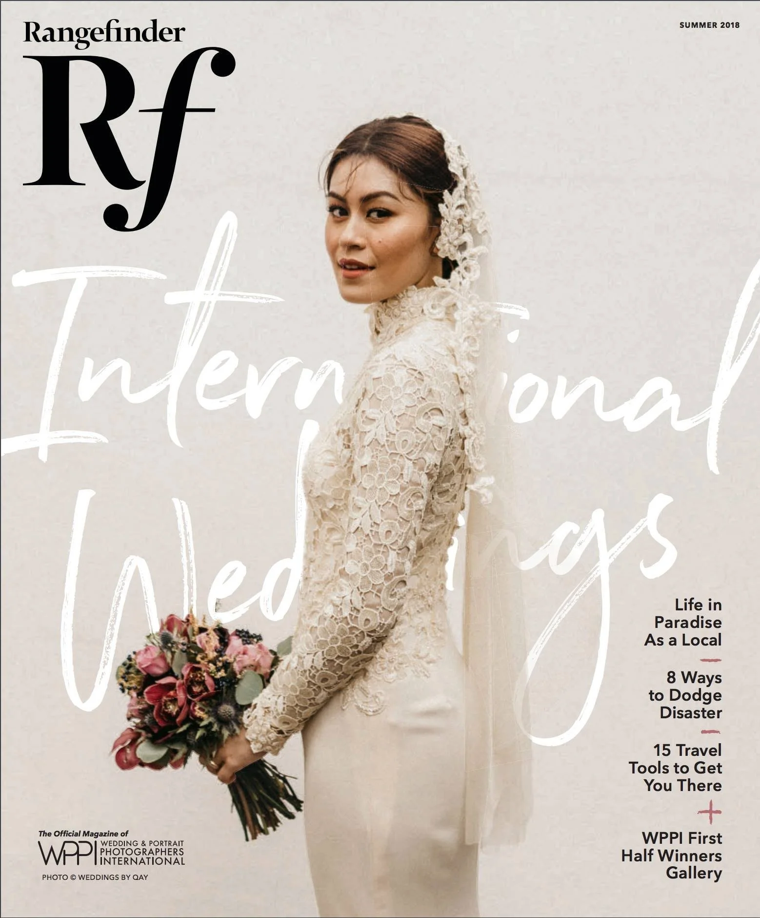 The cover of a magazine featuring a woman in wedding attire, holding a bouquet of pink and dark flowers, with the magazine title 'Rangefinder' and text about international editions and photography topics.