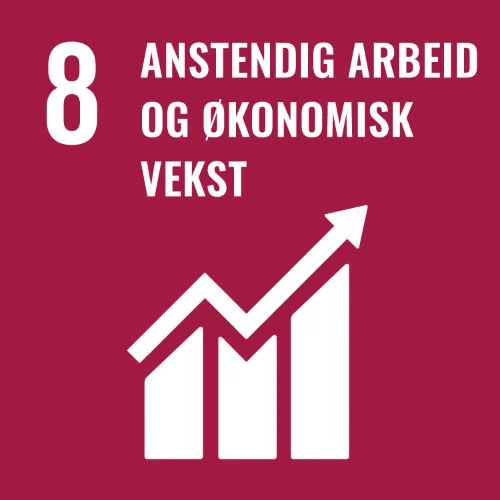 Plakat med teksten '8 Anstendig arbeid og økonomisk vekst' og en graf som viser vekst med en oppovergående pil.