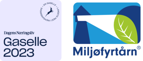 Logo for Dagens Næringsliv Gaselle 2023 og Miljøfyrtårn