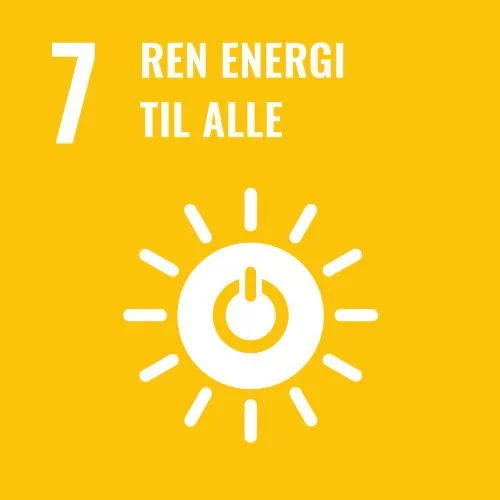 Plakat med tallene 7 og teksten 'Ren energi til alle', samt et ikon av en sol med et strømsymbol i midten, på en gul bakgrunn.