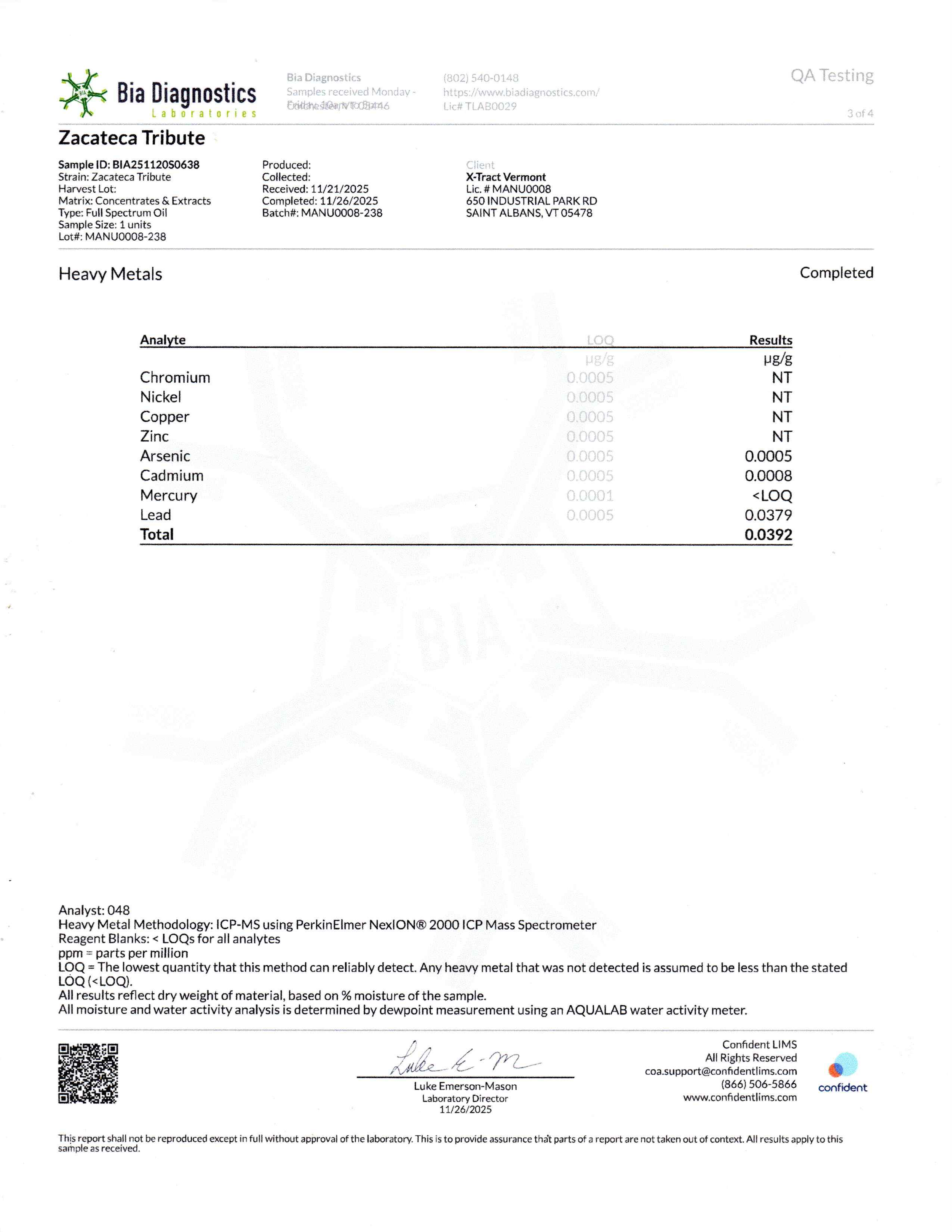 Zacateca Tribute Resin heavy metals 