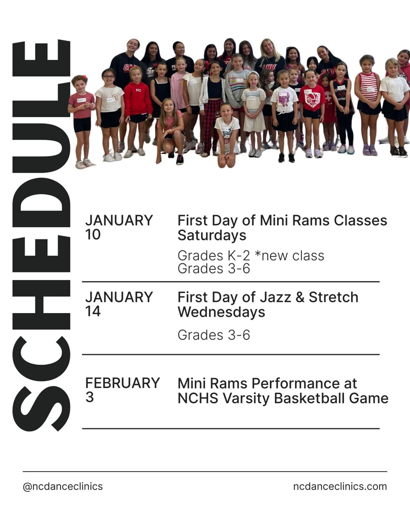 Get on the schedule! ❄️
Winter classes are now enrolling
🗓️ January 10-March 14

🏀 Mini Rams Basketball Performance Team (Grades 3&ndash;6)
Build confidence, teamwork, and performance skills&mdash;on and off the court.

📣 Mini Rams Spirit Squad &n