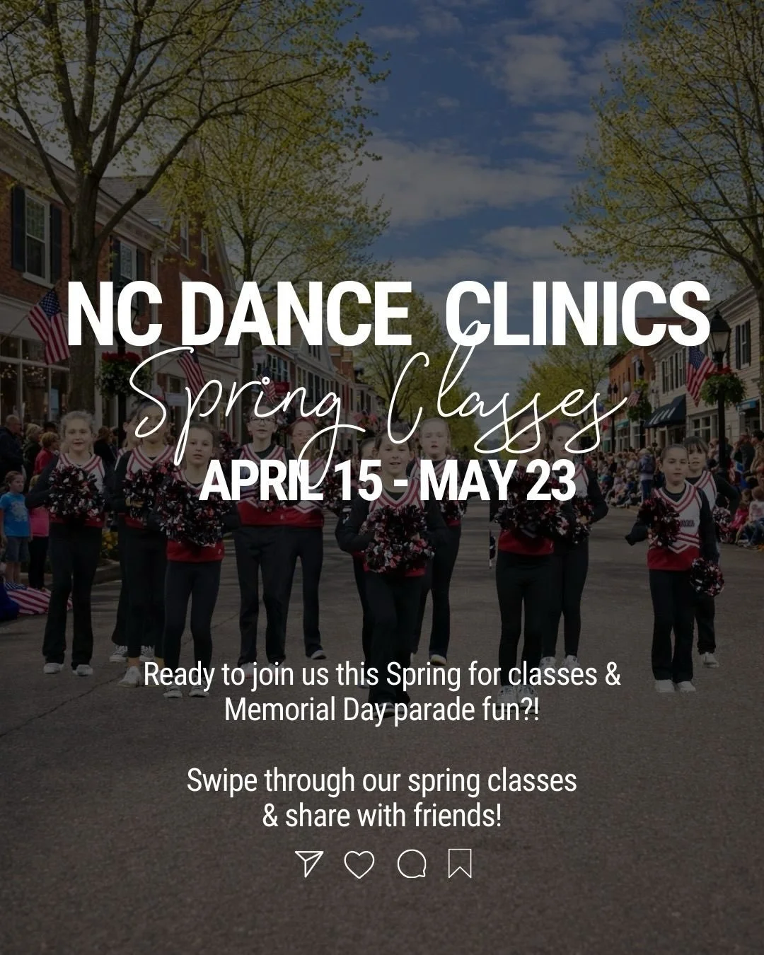 Spring is almost here and so is our new dance session!

NC Dance Clinics will finish off our final session before summer with a 6-week Spring Session (April 15 &ndash; May 23) for dancers in Grades K&ndash;6. This year, our groups will perform and ma
