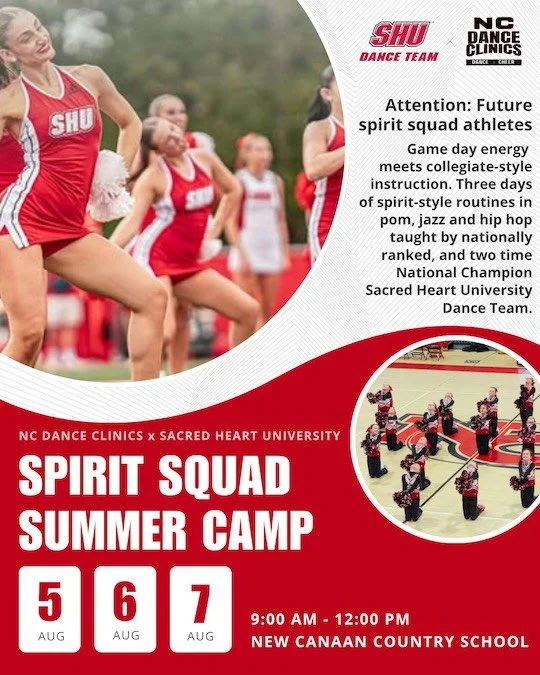 Spirit Squad Summer Camp just got bigger.

NC Dance Clinics x @sacredheartdanceteam is coming to New Canaan this August.

Game day energy meets collegiate-style instruction. 

Three days of spirit-style routines in pom, jazz and hip hop, taught by th