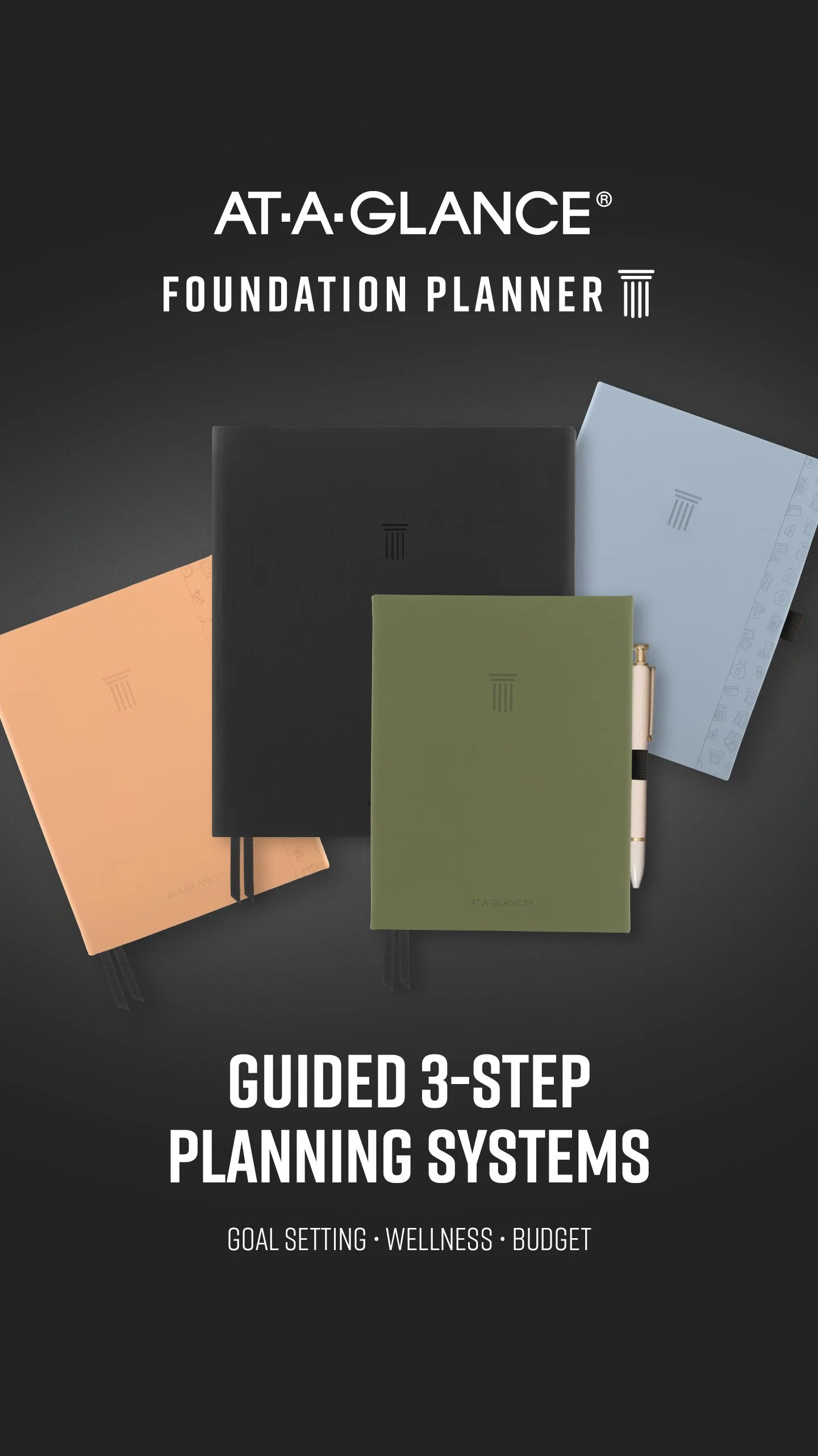 Planner covers on black background with logo and text overlay reading "Guided 3-Step Planning Systems; goal setting, wellness, budget.