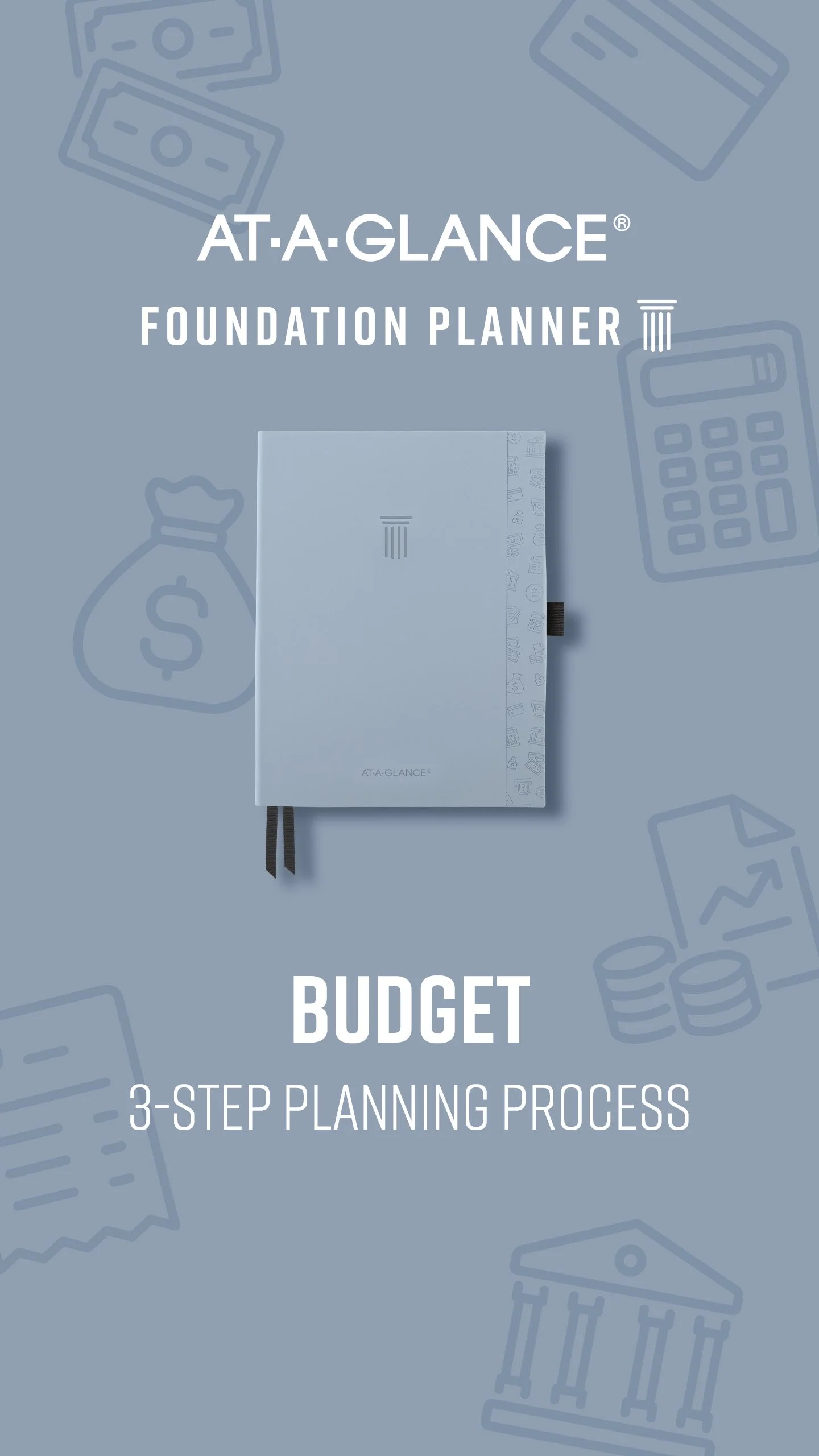 Budget planner on blue background with logo and text overlay reading "Budget; 3-step planning process".