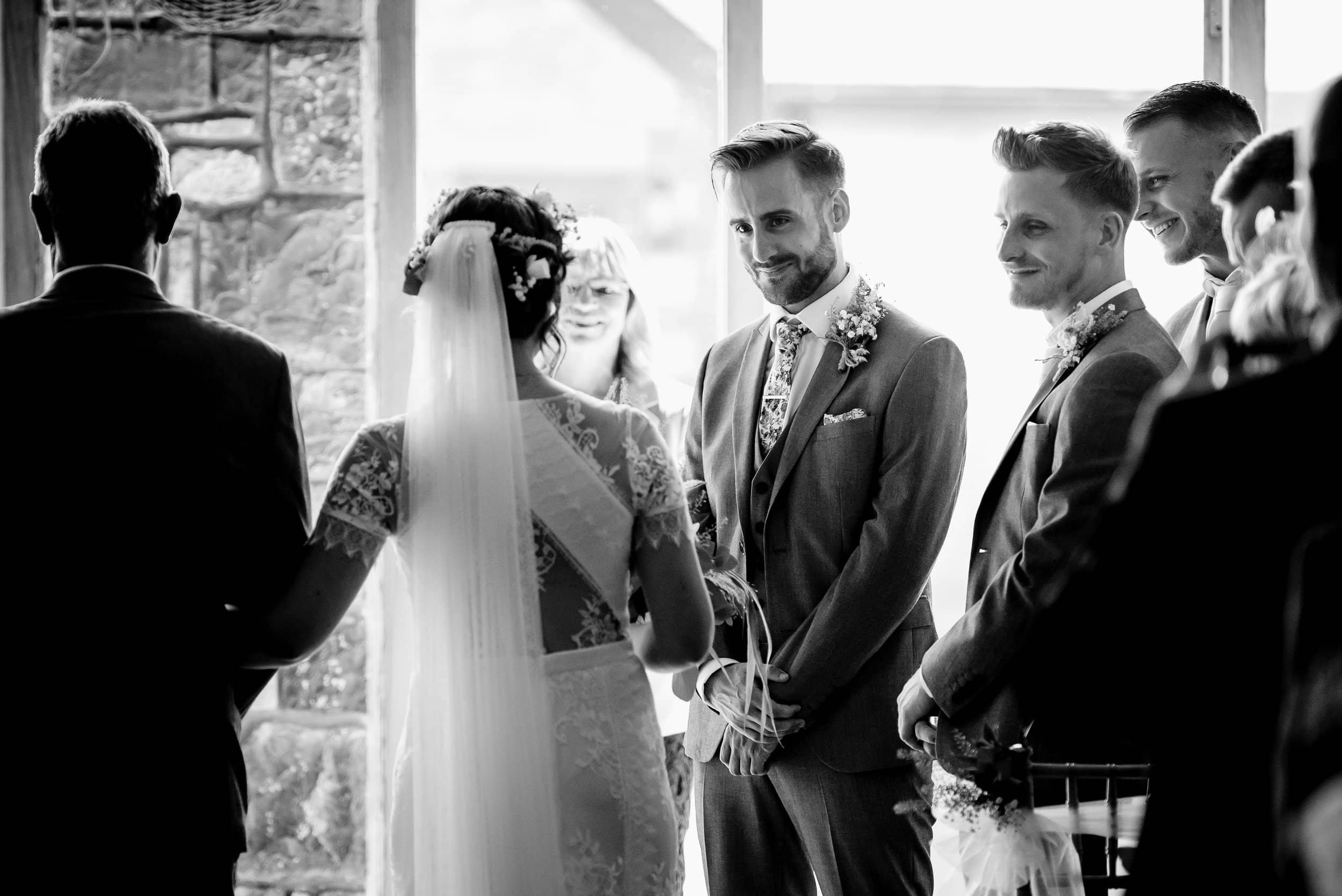 Groom sees his bride at Rosedew Farm wedding ceremony.