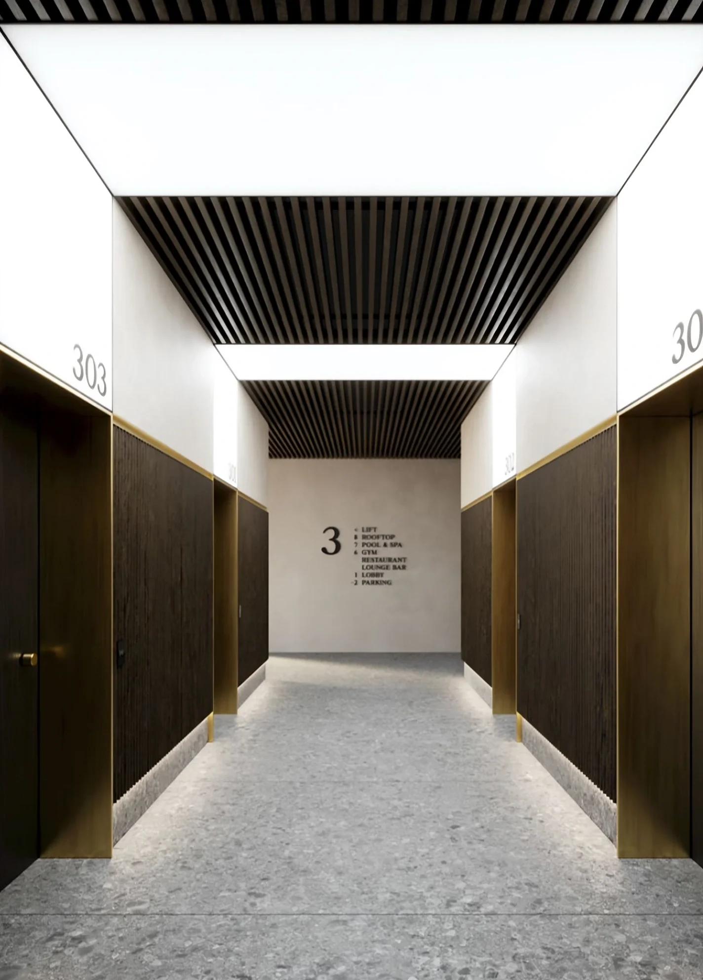 Modern hallway with dark wood and brass elevator doors, directional signage on the back wall, and a ceiling with dark wooden slats.