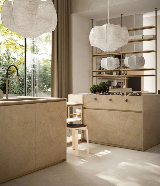 Modern Zampieri Irori kitchen island with beige cabinets, hanging white paper lanterns, and open shelves, designed with Inalco porcelain tiles by Abitalia South Coast in Dorset, Hampshire, and Surrey.