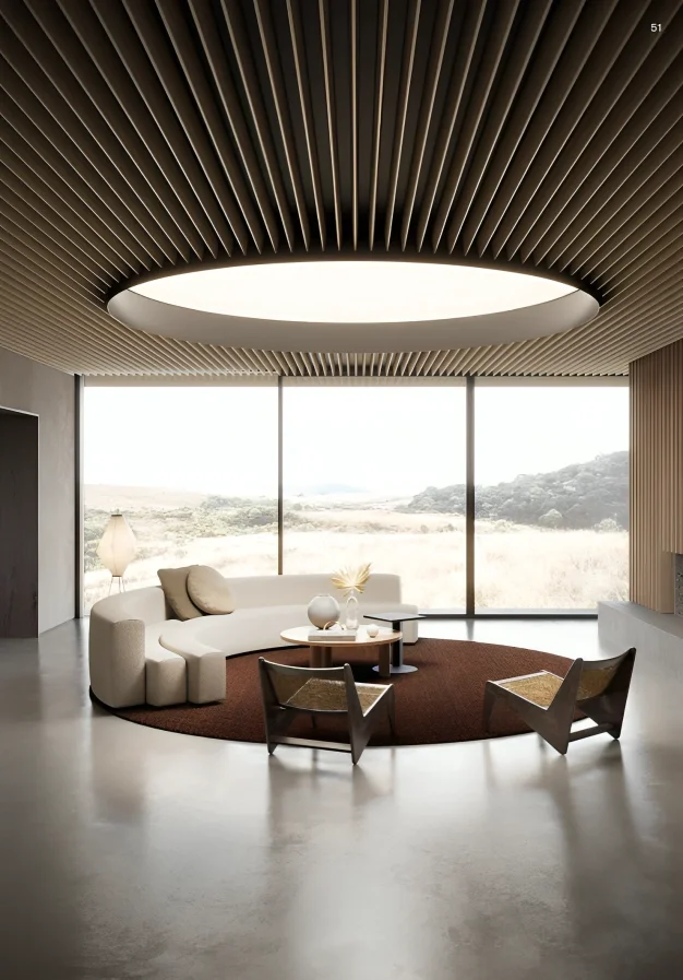 Contemporary office interior with architectural ceiling lighting feature.