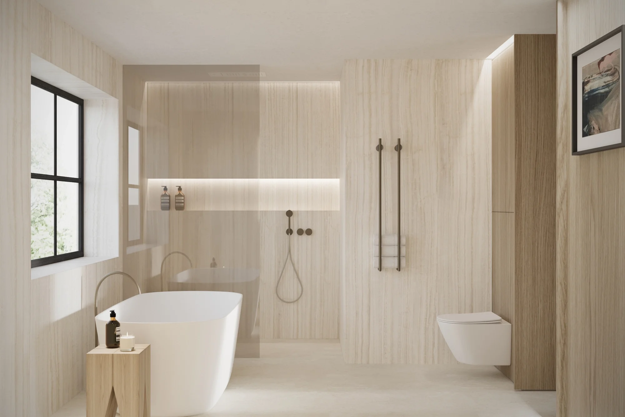 Feature porcelain tile panel behind freestanding bathtub, luxury bathroom design in Dorset by Abitalia South Coast.