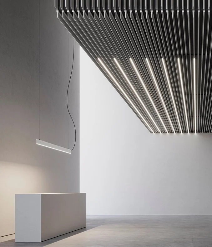 Dresswall Stripes LN8/120-L ceiling system with modular integrated slats for architectural ceiling design, supplied across Dorset, Hampshire and Surrey.