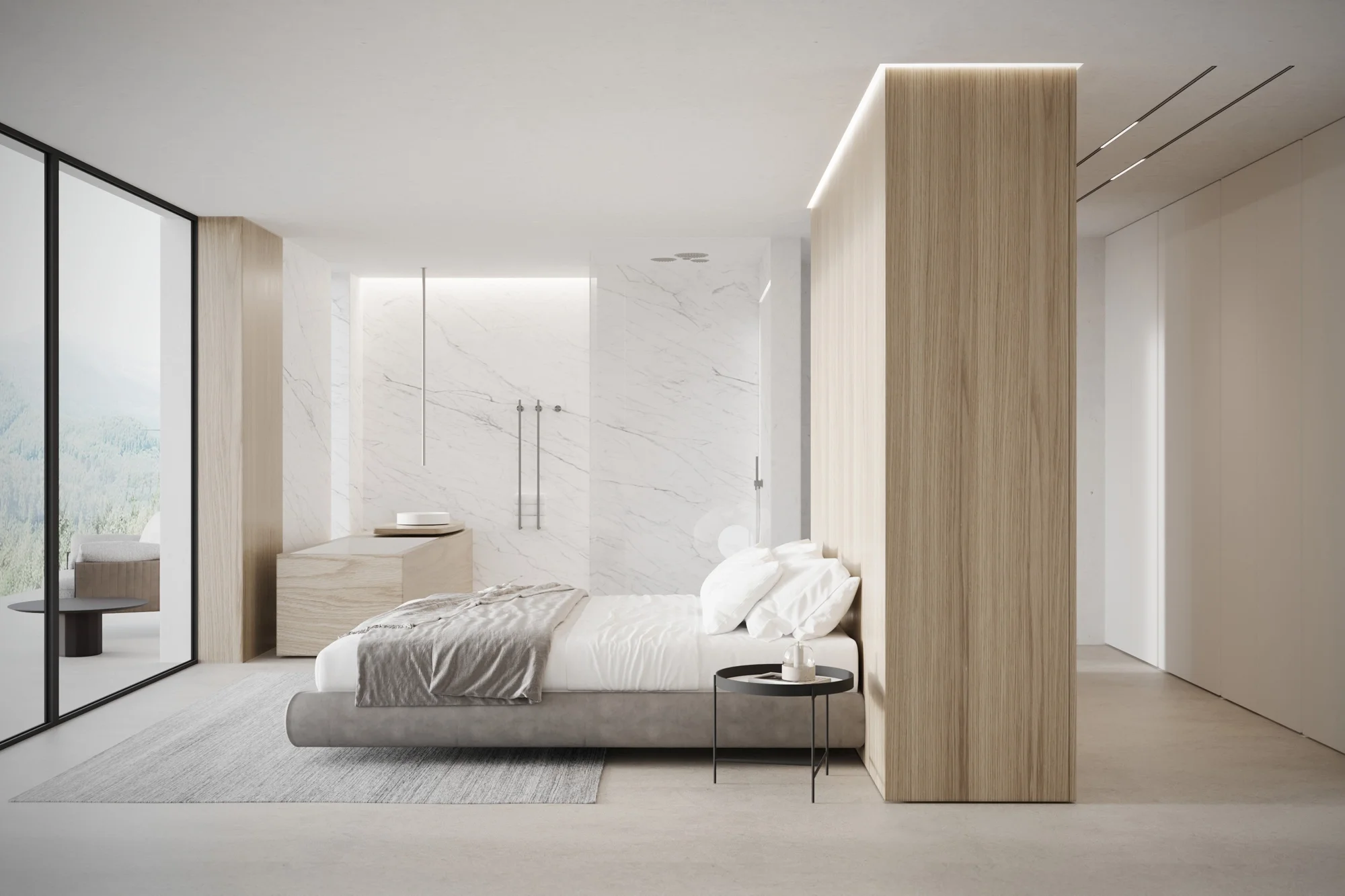 Luxury master bedroom with full-width glazing and garden views with full height wardrobes at the back, interior design in Hampshire by Abitalia South Coast
