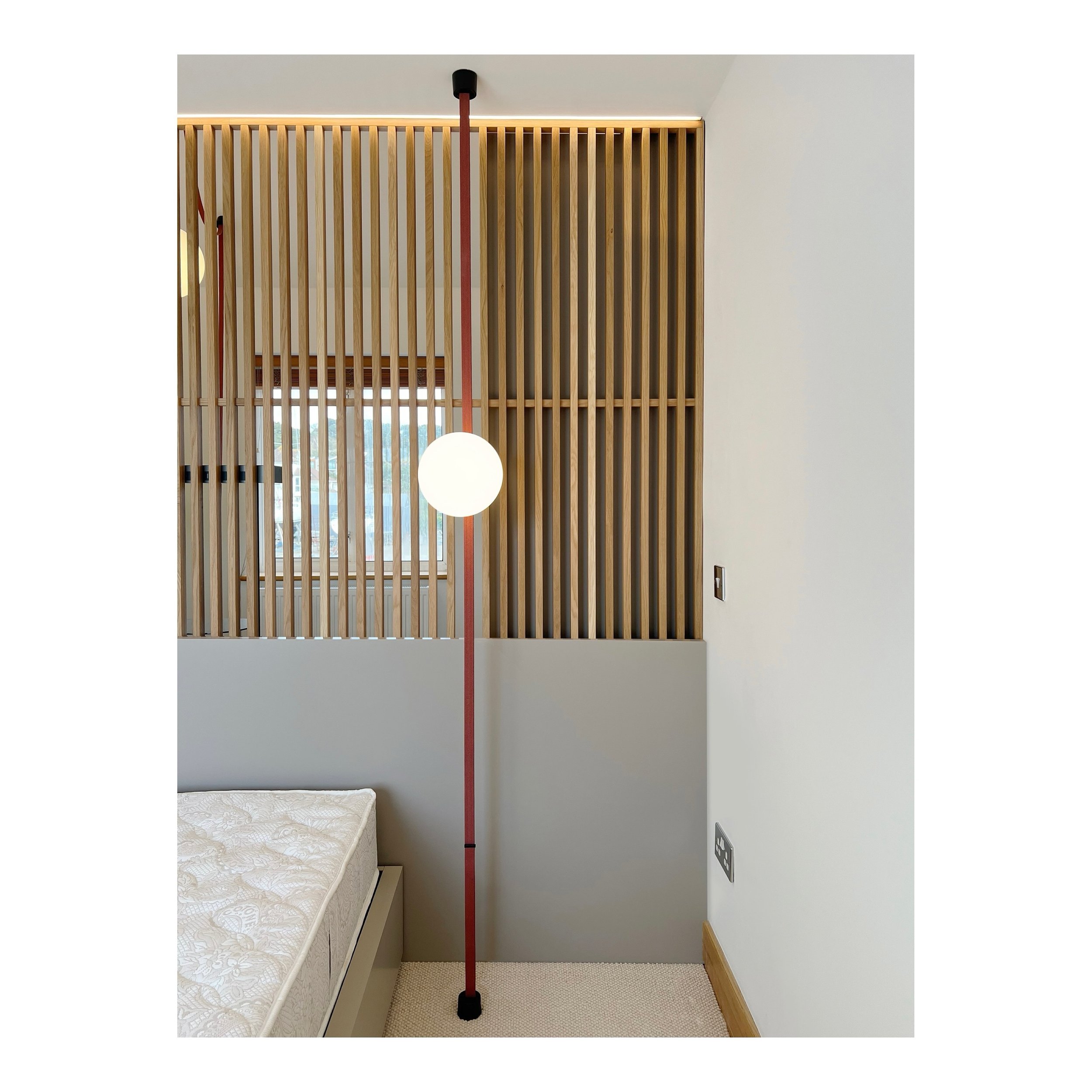 Recently posted the dressing side of this partition, this is the bed side. The @vibialight is called Plusminus because low voltage power is woven into the textile belt, allowing you to position the luminary where you like. The larger pendant version 