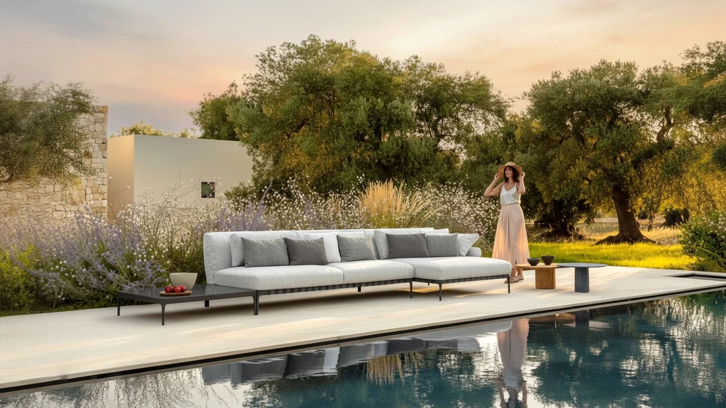 Minimalist design and weather-resistant materials on the Salinas modular outdoor Sofa. Designed and supplied by Abitalia South Coast across New forest, Dorset, Surrey, Hampshire and wider UK.