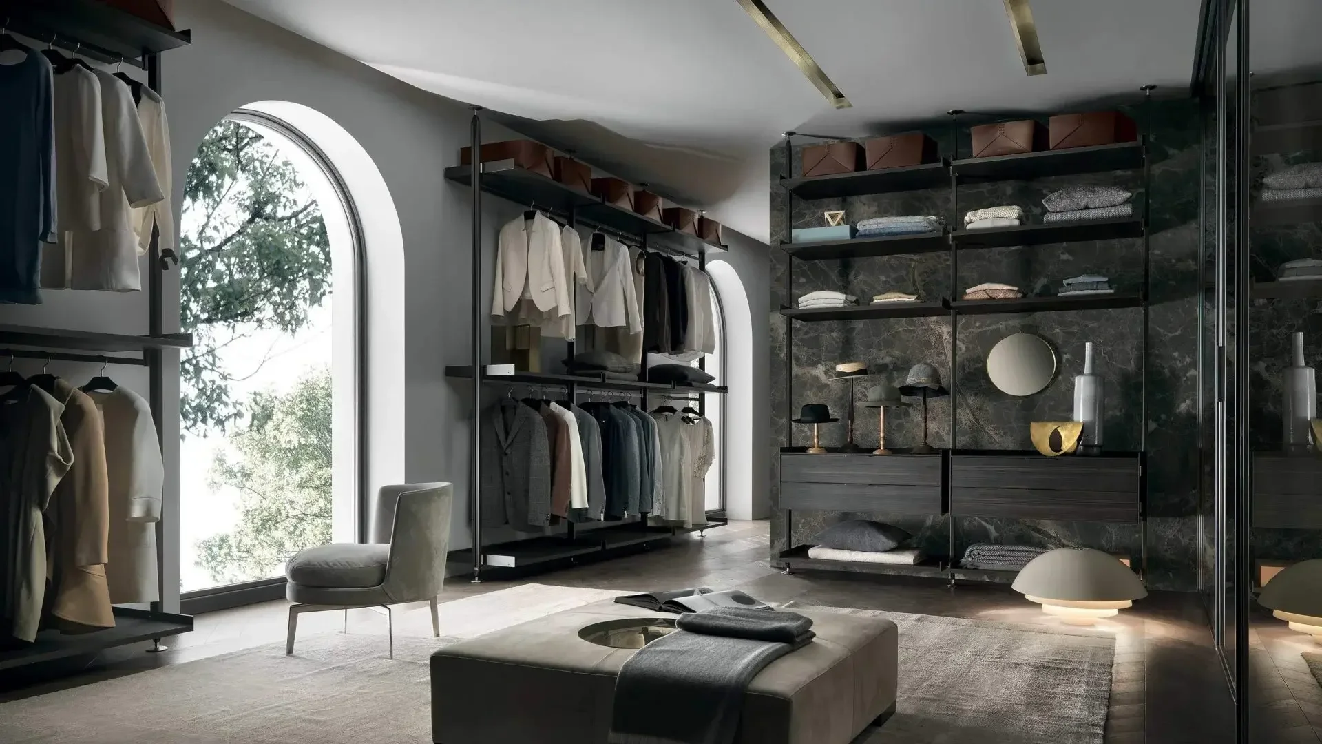 Luxury wardrobe in Rimadesio Zenit Library format, open wardrobe. Designed and supplied by abitalia south coast for premium wardrobes across wider United Kingdom.