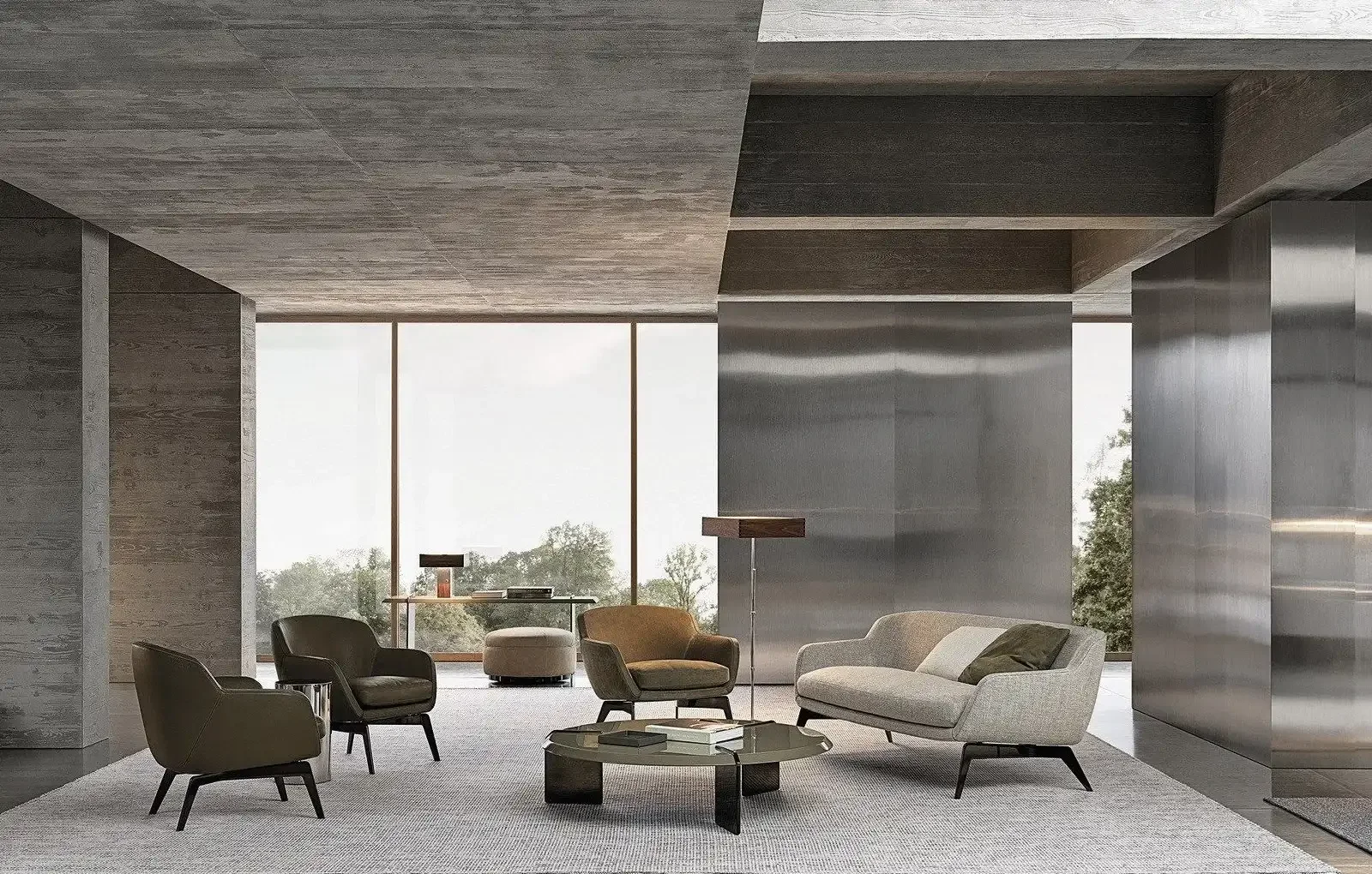 Minotti sofa composition with beige sofa, three armchairs, round coffee table, floor lamp, and small ottoman, designed by Abitalia South Coast in Poole, Dorset, UK.