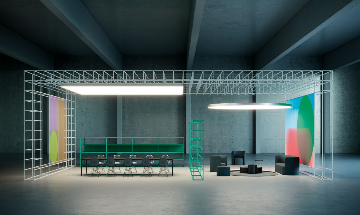 Contemporary meeting room featuring Dresswall acoustic ceiling light.