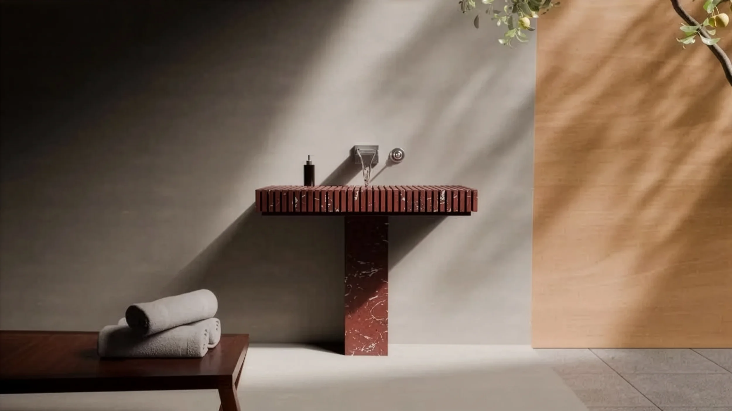 Piano Marble Sink by Serafini with vertically arranged floating marble slabs.