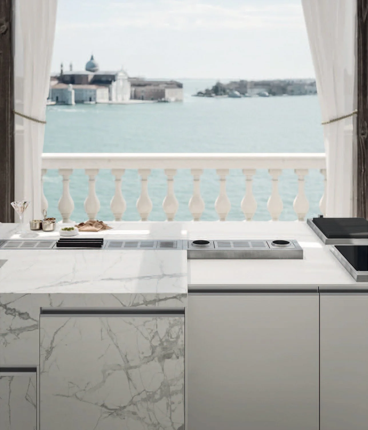 Detail of Inalco Syros porcelain-effect finish showcasing subtle stone texture and refined tonal depth.