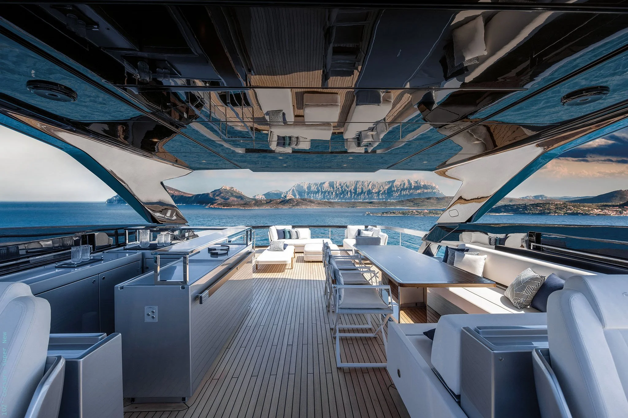 Riva 102′ Corsaro Super yacht sundeck featuring Talenti Riviera director chair and luxury outdoor furniture, supplied in the UK.