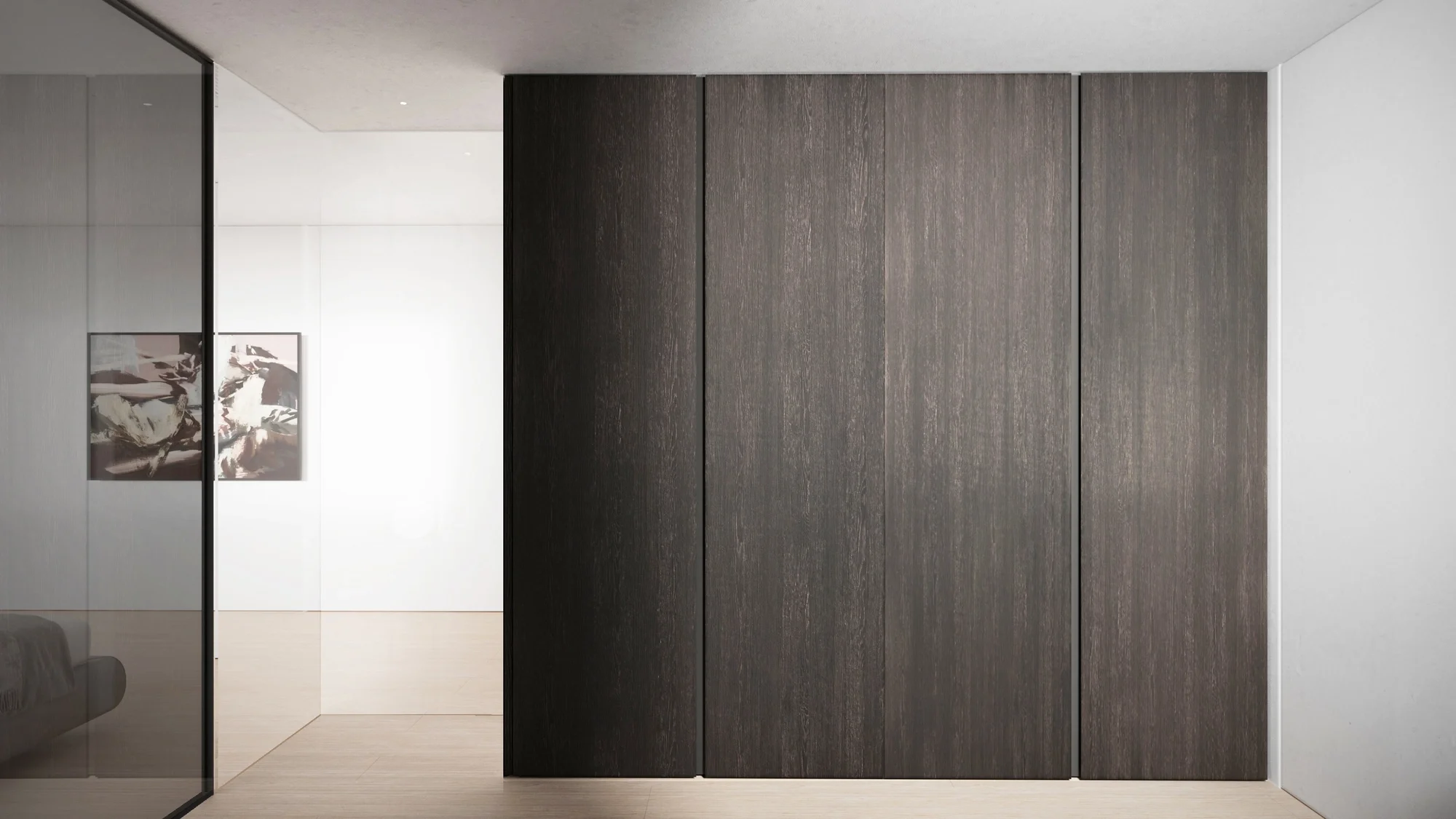 Full height dark wood textured wardrobe in luxury bedroom, bespoke interior design in Dorset by Abitalia South Coast.