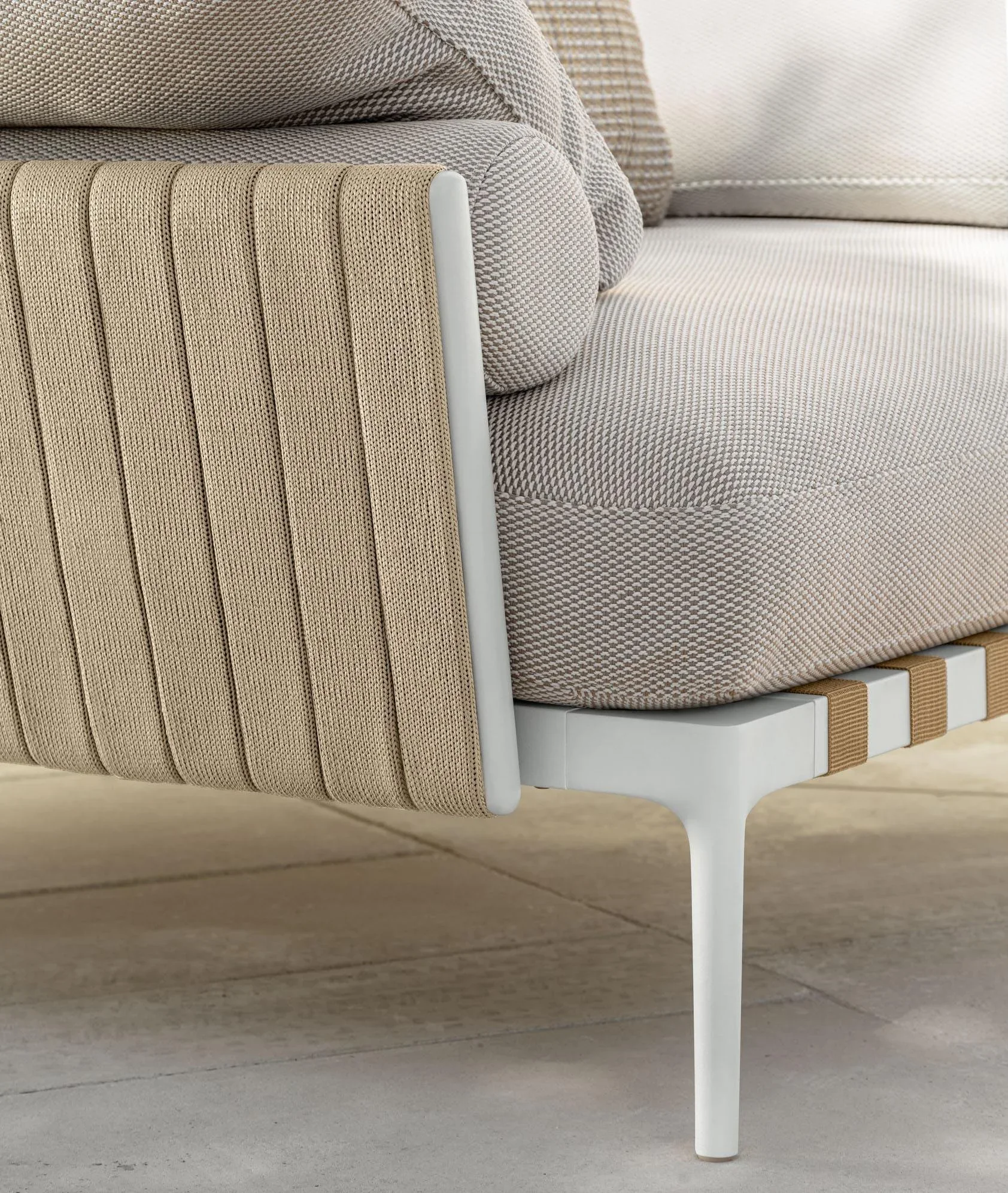 Close-up of Salinas Sofa fabric and textured cushions in Dorset, UK.