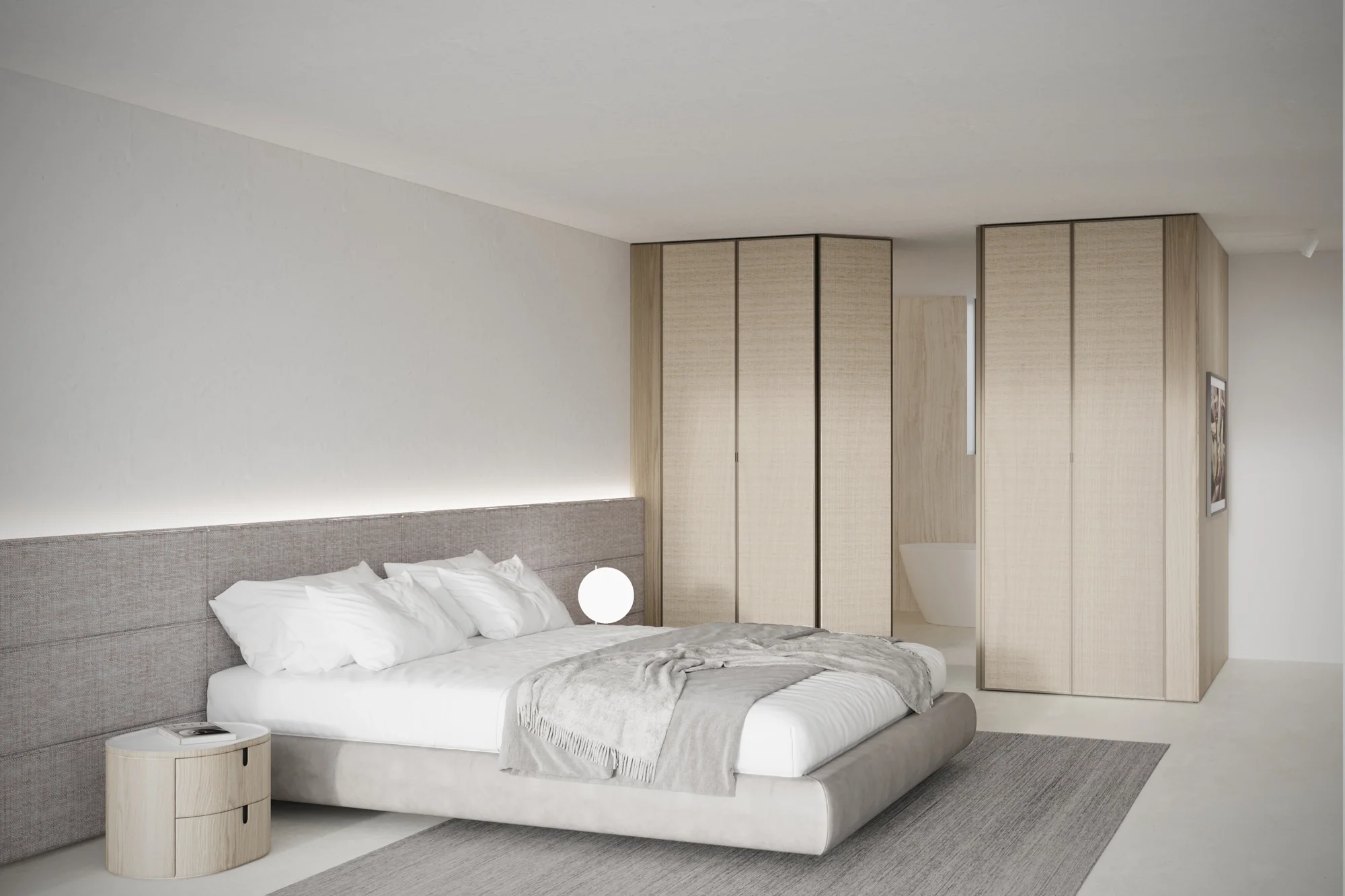 Full height wardrobe with fabric upholstered door panels in luxury bedroom, bespoke interior design in Dorset by Abitalia South Coast.