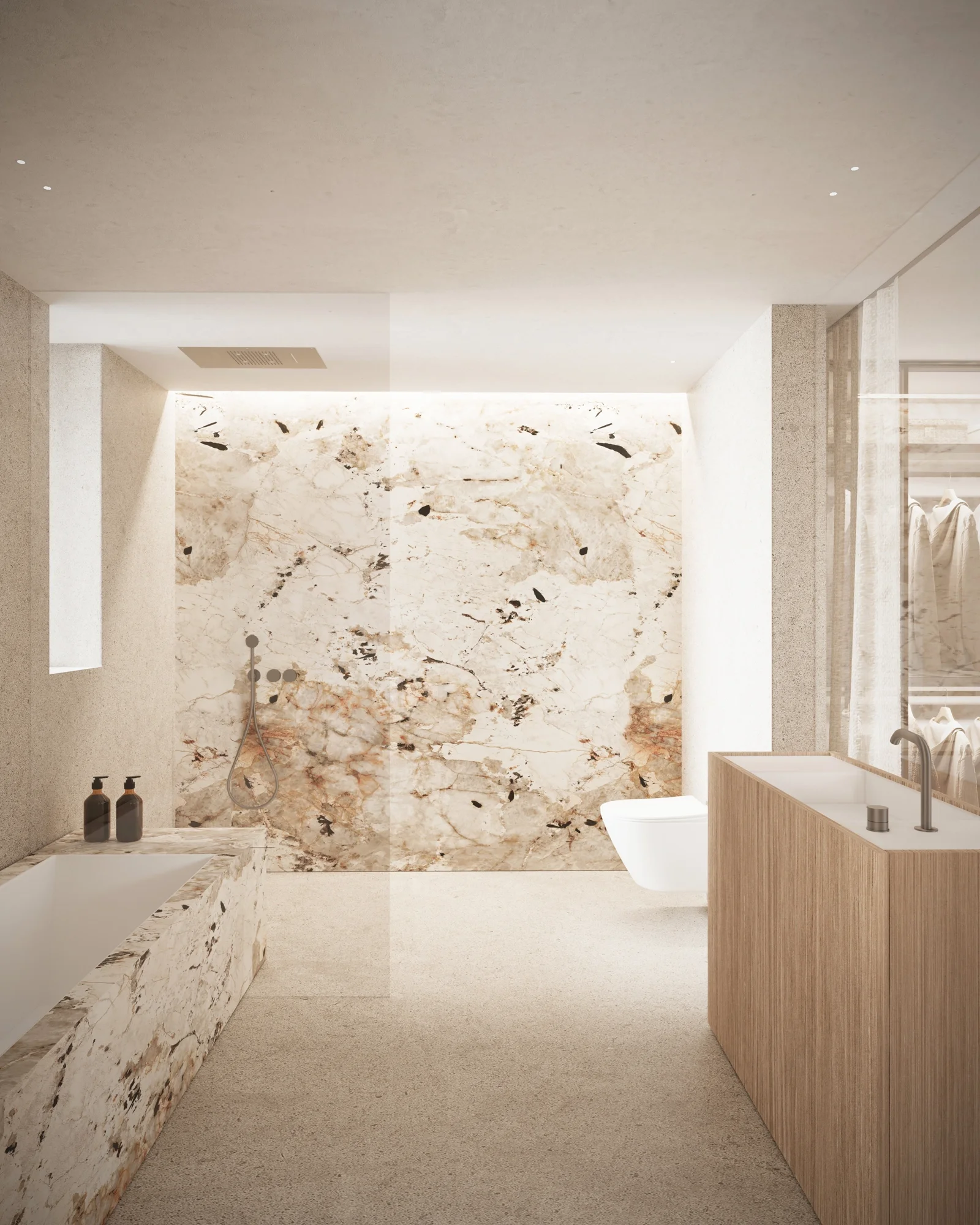 Freestanding porcelain bathtub on Inalco large slab floor with matching wall tile, luxury bathroom in Dorset by Abitalia South Coast.