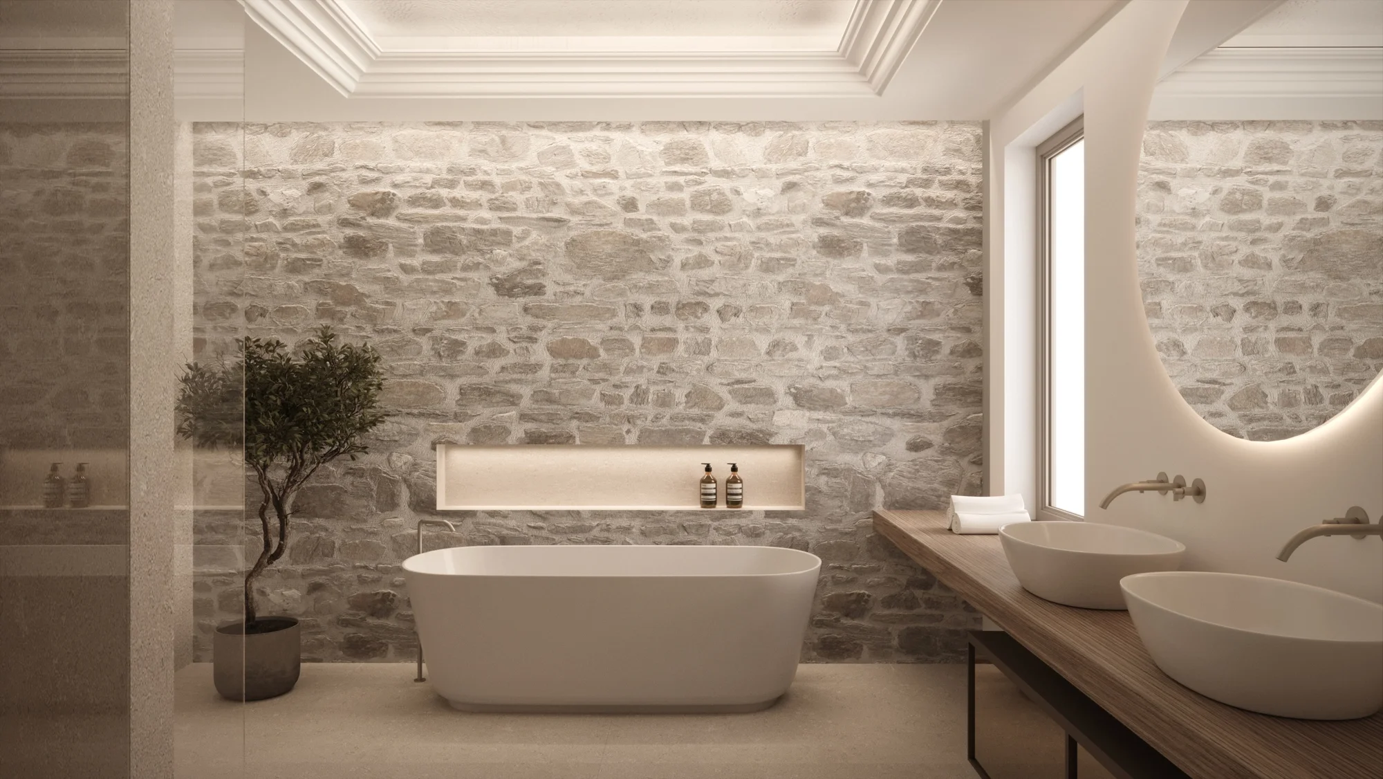Freestanding oval bathtub positioned beside window in luxury bathroom, interior design in Surrey by Abitalia South Coast.